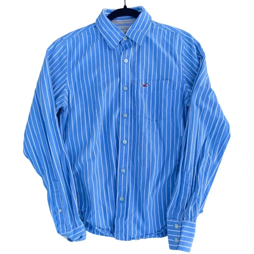 Hollister Mens Blue White Striped Button Down‎ Shirt Long Sleeve Cotton Size M